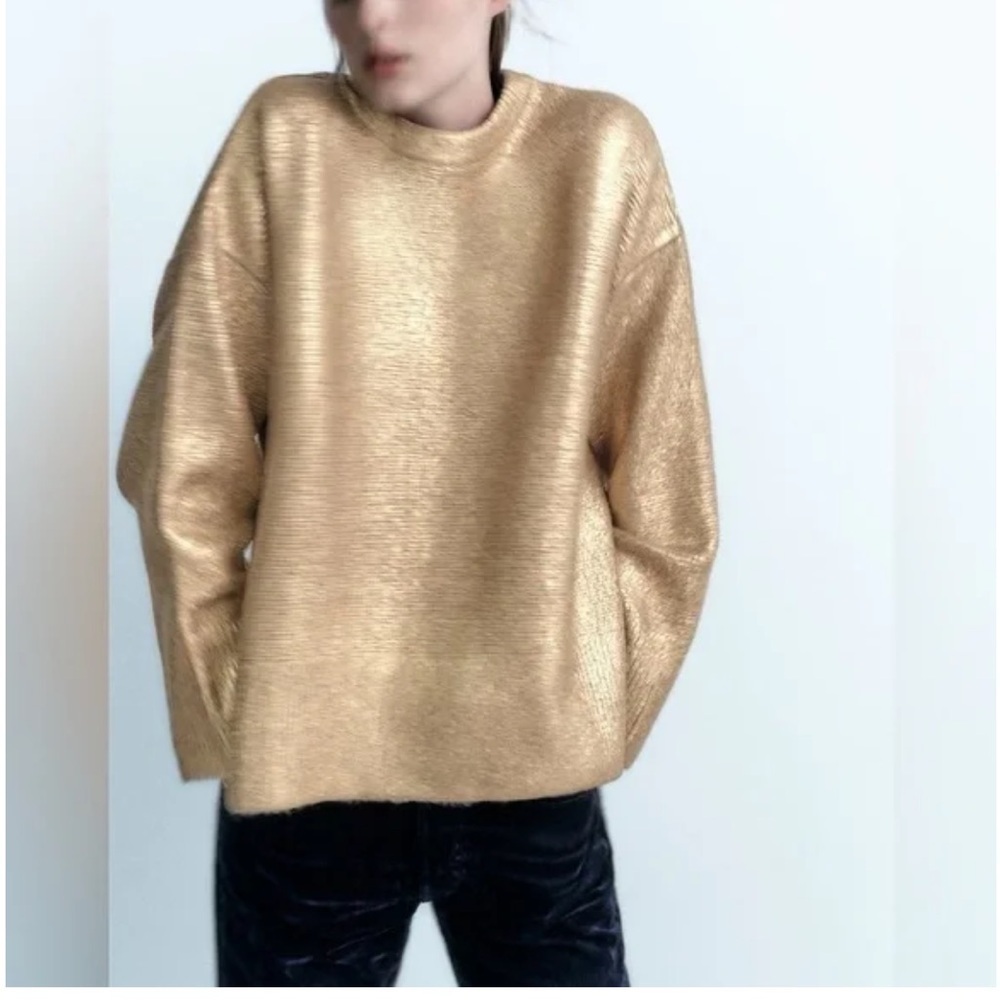 SOLD Zara foil knit gold metallic sweater size medium oversized - Picture 2 of 16
